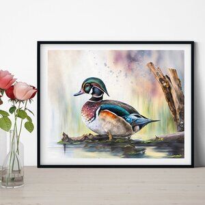 Wood Duck Relaxing in Pond Photography‎ Art Oil Painting Print